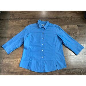 EUC Womens Foxcroft non iron blue button up fitted dress top 100% cotton size 16